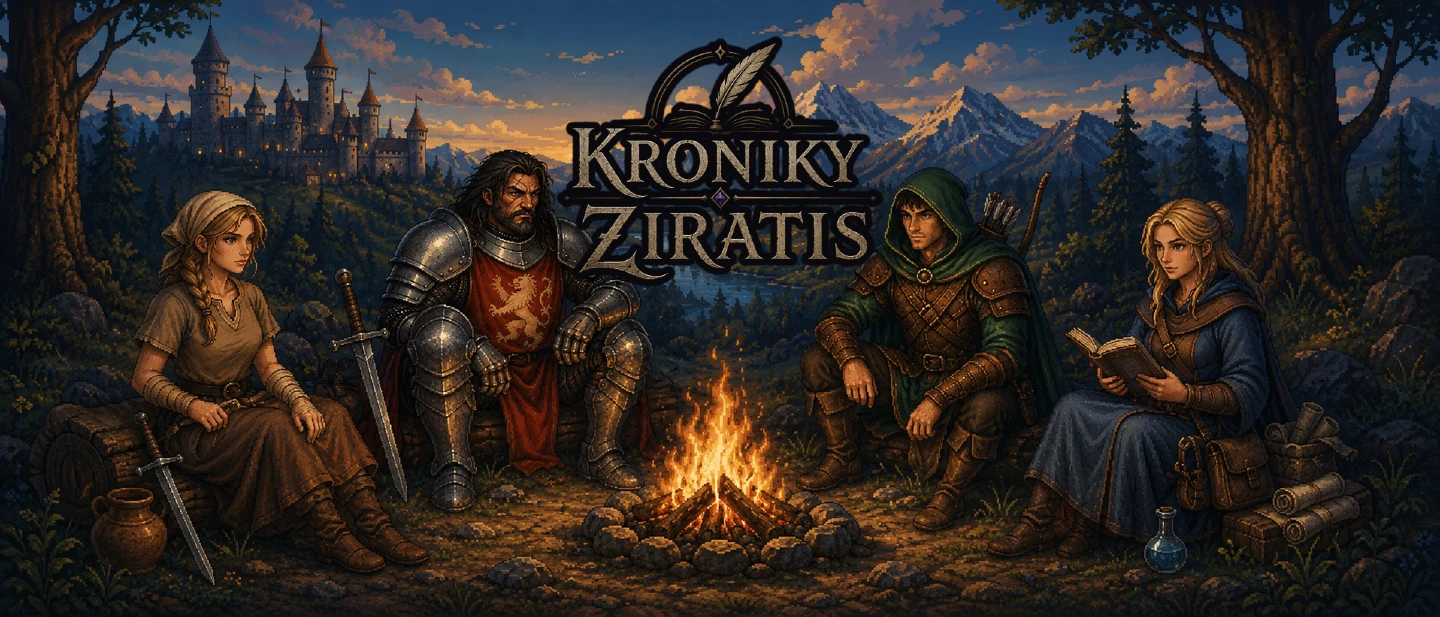 Pixelartová krajina Království s hradem, táborákem a dobrodruhy